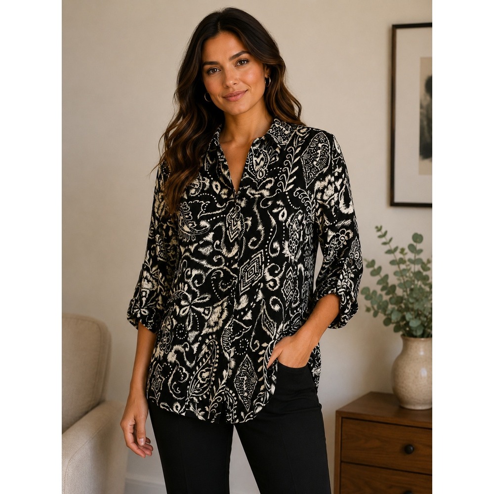 Lefties Black White Ikat Paisley Button Down‎ Blouse 3/4 Sleeve XL